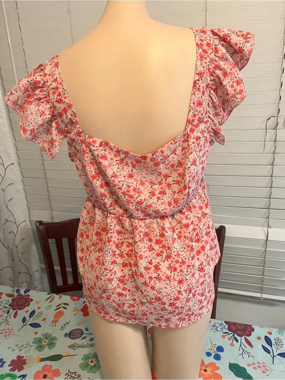 Floral Pink Puff-Sleeve Square-Neck Women's Top